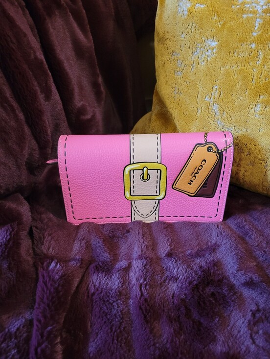 Coach Accessories - Coach NWOT Pink Cartoon Anna Foldover Clutch Crossbody With Trompe L'oeil Print